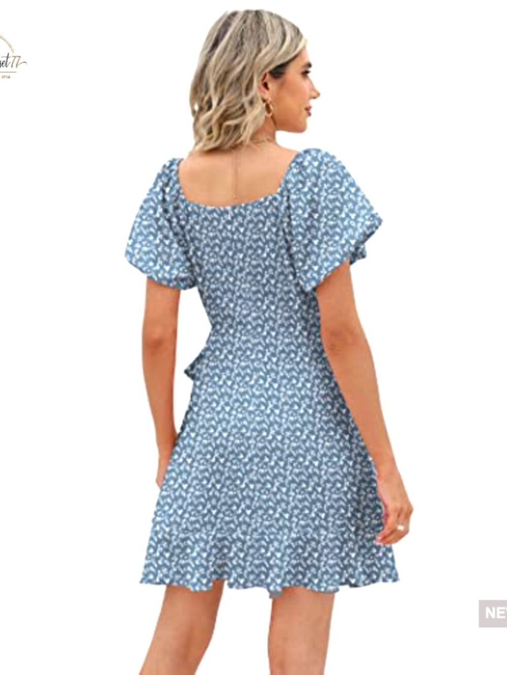 Puff Sleeve Square Neck Tie Waist Mini Dress Lightweight Chiffon - Picture 4 of 7
